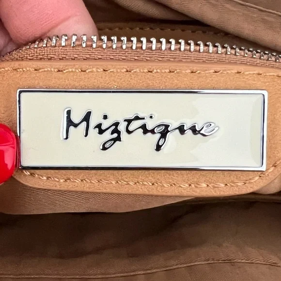 Miztique Tan Natural Faux Leather Canvas Stripe Tote Handbag Purse no long strap - Picture 6 of 8